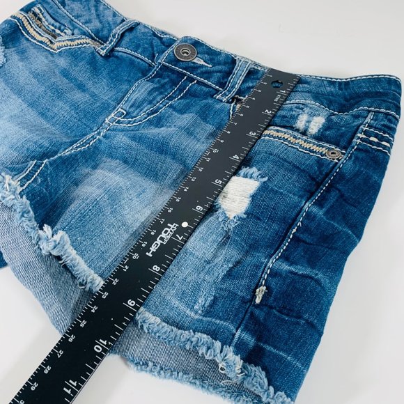Maurices Embroidered Jean Shorts Juniors Sz XS Blue Denim Destroyed Cutoff Stret - Picture 8 of 11
